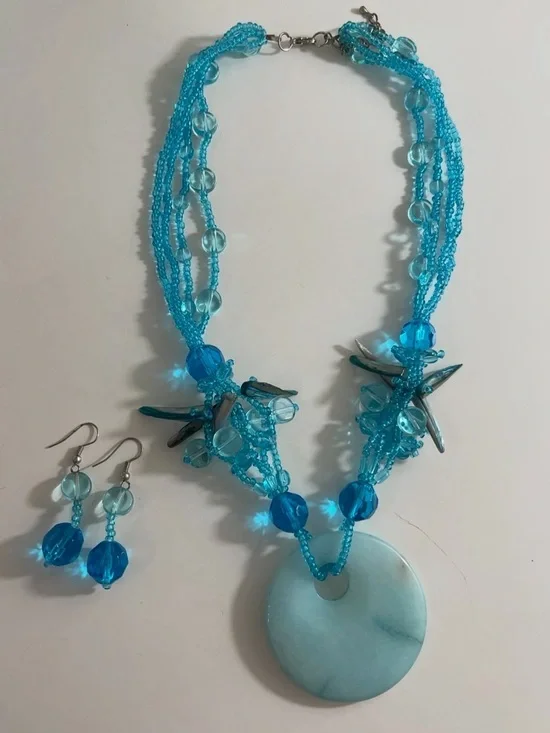 Vintage Larimar Stone Glass Shell Blue Beaded Statement Necklace & Earrings Set - Picture 2 of 8